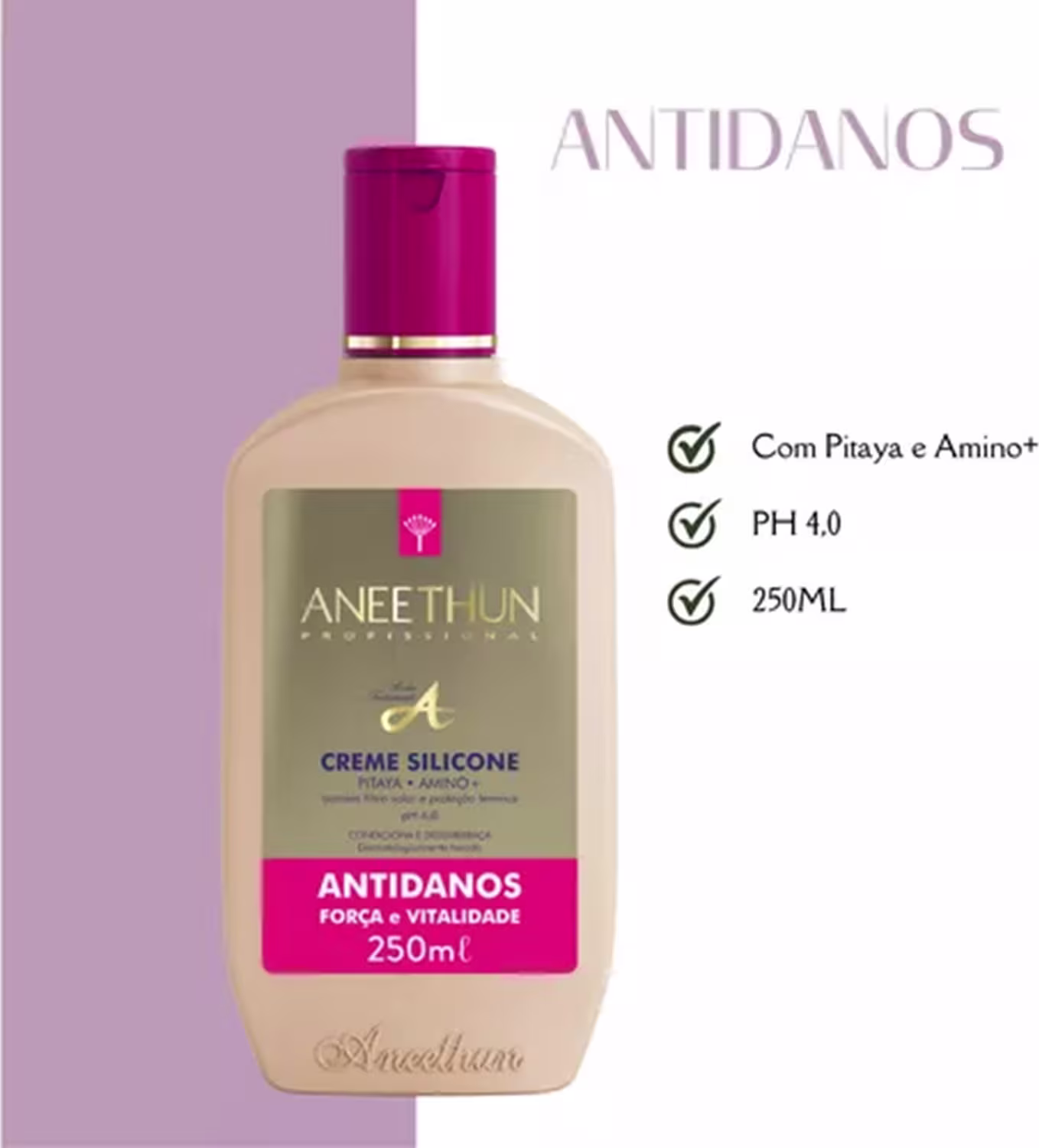A imagem mostra o frasco e ao lado ícones destacam: Com Pitaya e Amino+, PH 4.0, 250ml.