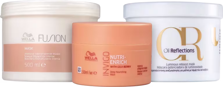 Três produtos da marca Wella Professionals: uma máscara Fusion em embalagem branca, um tratamento Nutri-Enrich com goji berry em embalagem laranja, e uma máscara Oil Reflections em embalagem branca e dourada.