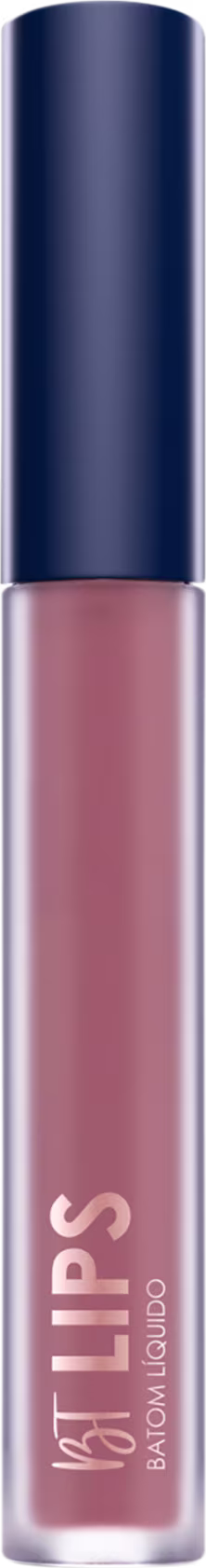 Batom líquido da marca Bruna Tavares em embalagem cilíndrica, tampa cor azul-marinho e líquido rosa, contendo o nome "BT Lips" em destaque.