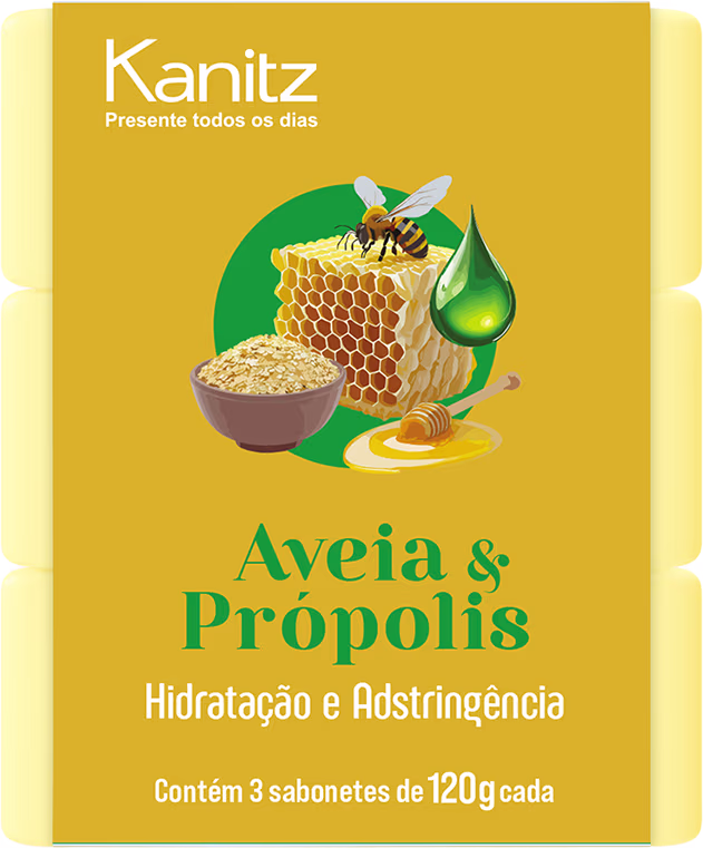 Caixa amarela da marca Kanitz contendo 3 sabonetes de 120g cada, com imagem de favo de mel, abelha e gotas de óleo, indicando o produto de "Aveia & Própolis" para hidratação e adstringência.