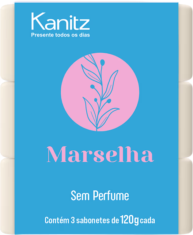 Caixa branca contendo 3 sabonetes de 120g da marca Kanitz, com rótulo azul e rosa destacando o nome "Marselha" e a informação "Sem Perfume".