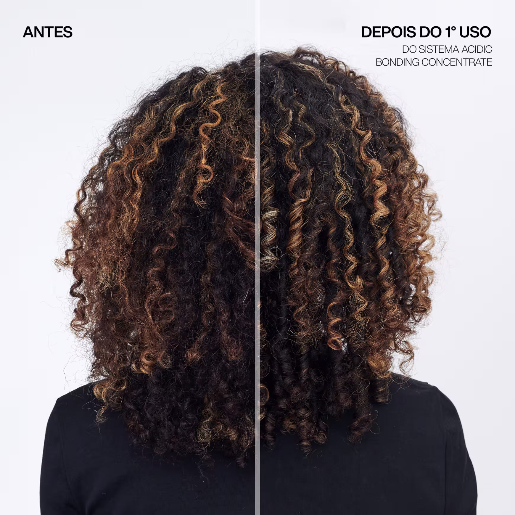À esquerda, no "Antes", é exibido cabelo muito encaracolado e volumoso, com um aspecto seco e sem brilho. Na parte direita, rotulada como "Após Primeira Aplicação", o mesmo cabelo aparece mais definido, com cachos mais macios e brilhantes.
