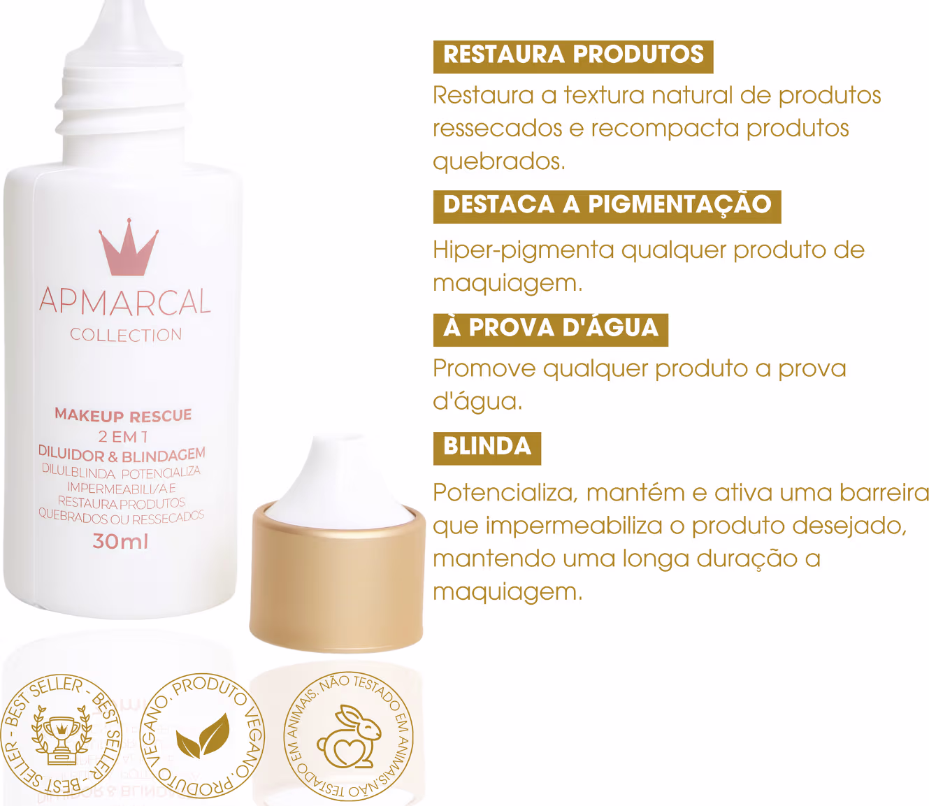 Texto sobre o produto: restaura a textura natural de produtos ressecados ou recompactados, destaca a pigmentação e resistência à água, blinda para uma longa duração do produto.