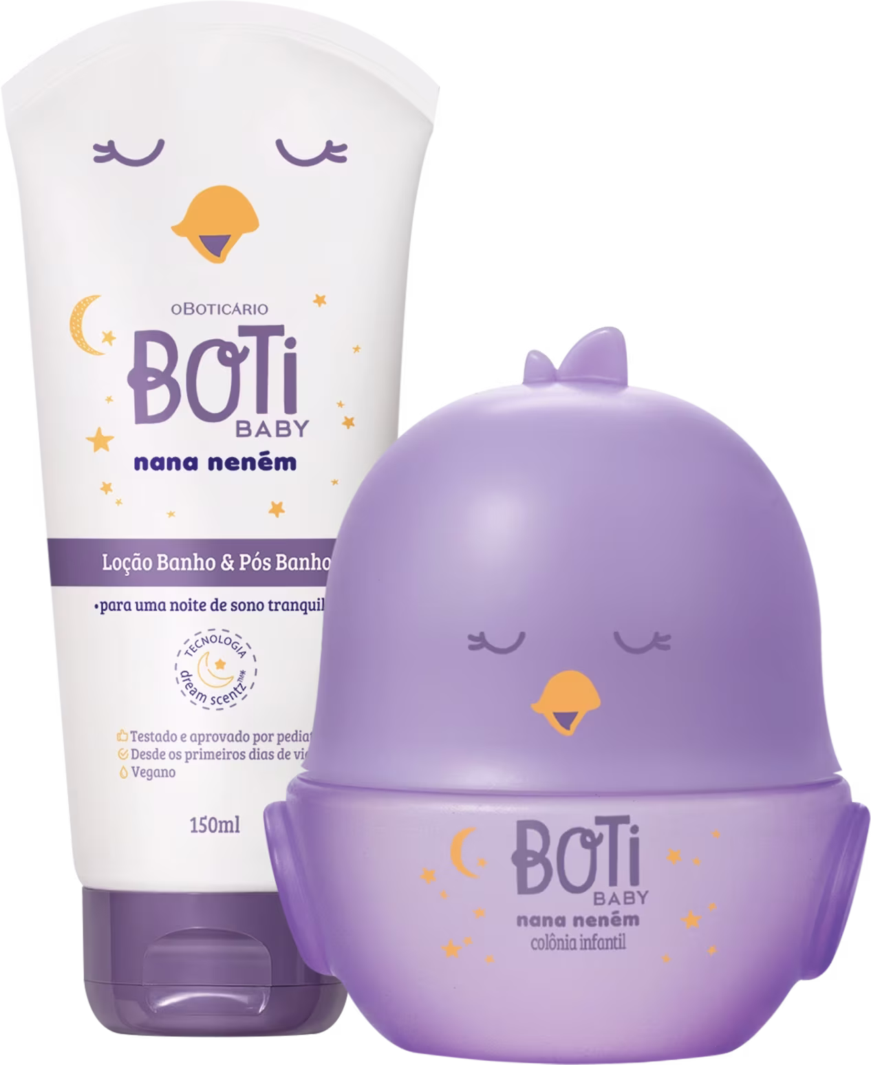 Dois produtos da linha Boti Baby: colônia infantil em formato de passarinho com olhos fechados de sono e bico laranja; e loção banho e pós banho com ilustração de um passarinho dormindo. Predominam as cores branca, roxa e detalhes em amarelo.