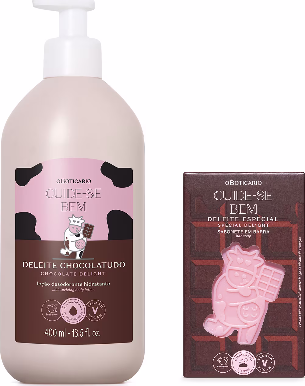 O produto de beleza apresentado na imagem é uma loção hidratante corporal da linha Cuide-se Bem, com fragrância de chocolate. Além do frasco, há também uma barra de sabonete em formato de personagem.