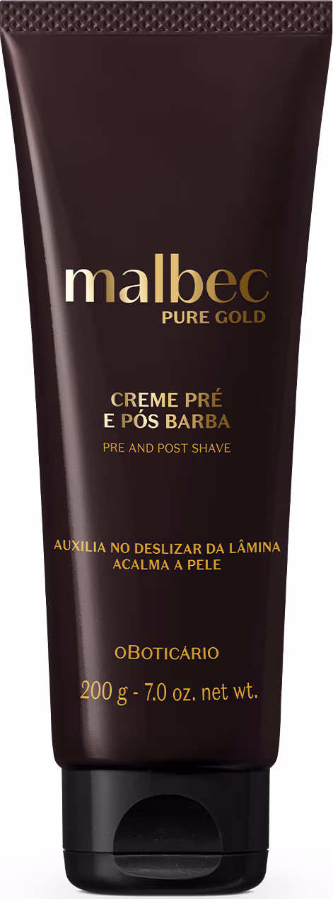 Tubo de creme pré e pós-barba da marca Malbec Pure Gold, em embalagem marrom escura com detalhes dourados, contendo 200g do produto.