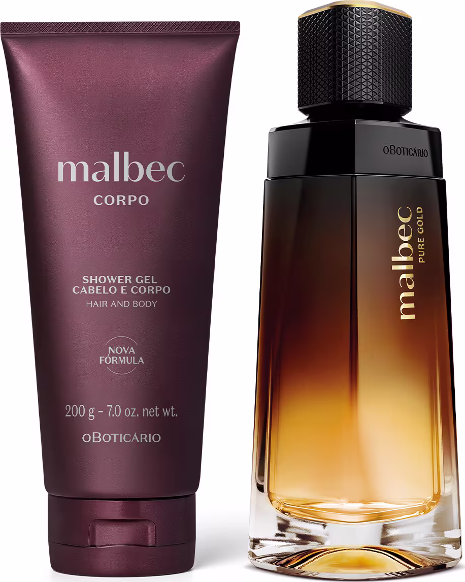 Dois produtos da marca Malbec: um frasco de perfume com tampa preta e dourada, e um tubo de gel de banho com embalagem roxa e branca. Ambos exibem o nome da marca em destaque.