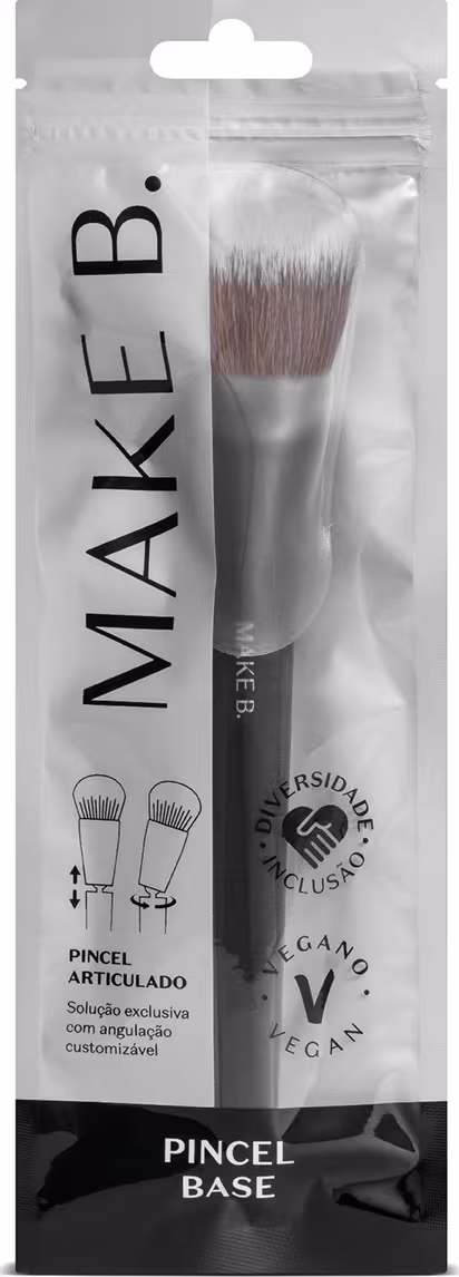 O produto é um pincel de maquiagem articulado da marca Make B. Vem embalado em uma embalagem plástica cinza e preta.