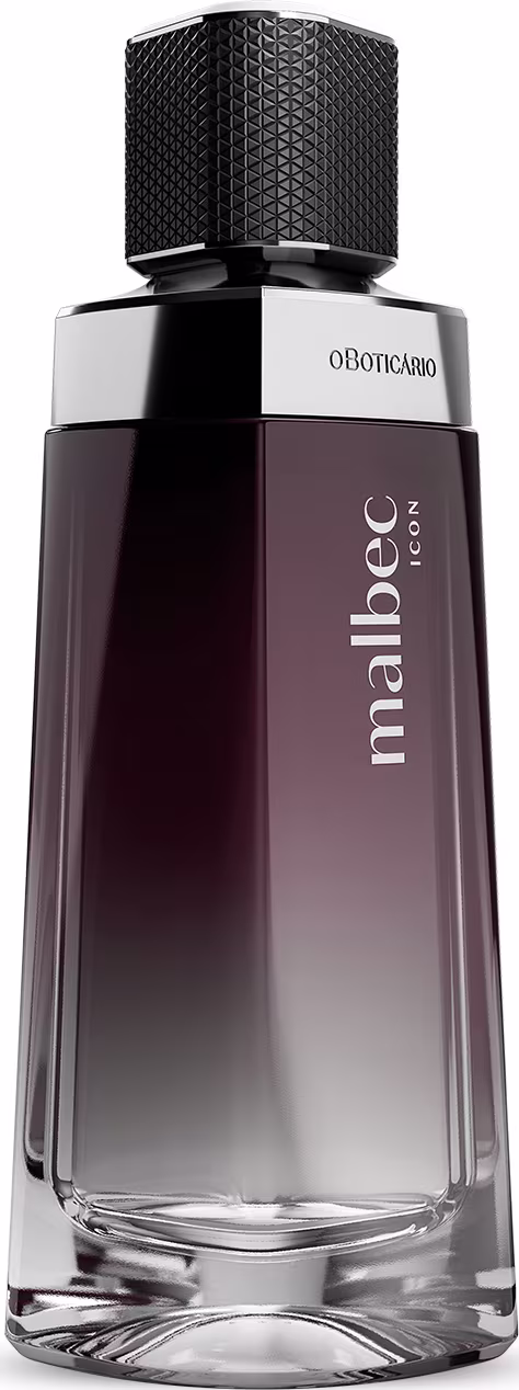 A embalagem tem um design moderno e elegante. O topo metálico preto texturizado traz um padrão geométrico sofisticado. A frente do frasco apresenta o nome da fragrância "Malbec" em letras minúsculas, seguido do logotipo "O Boticário".