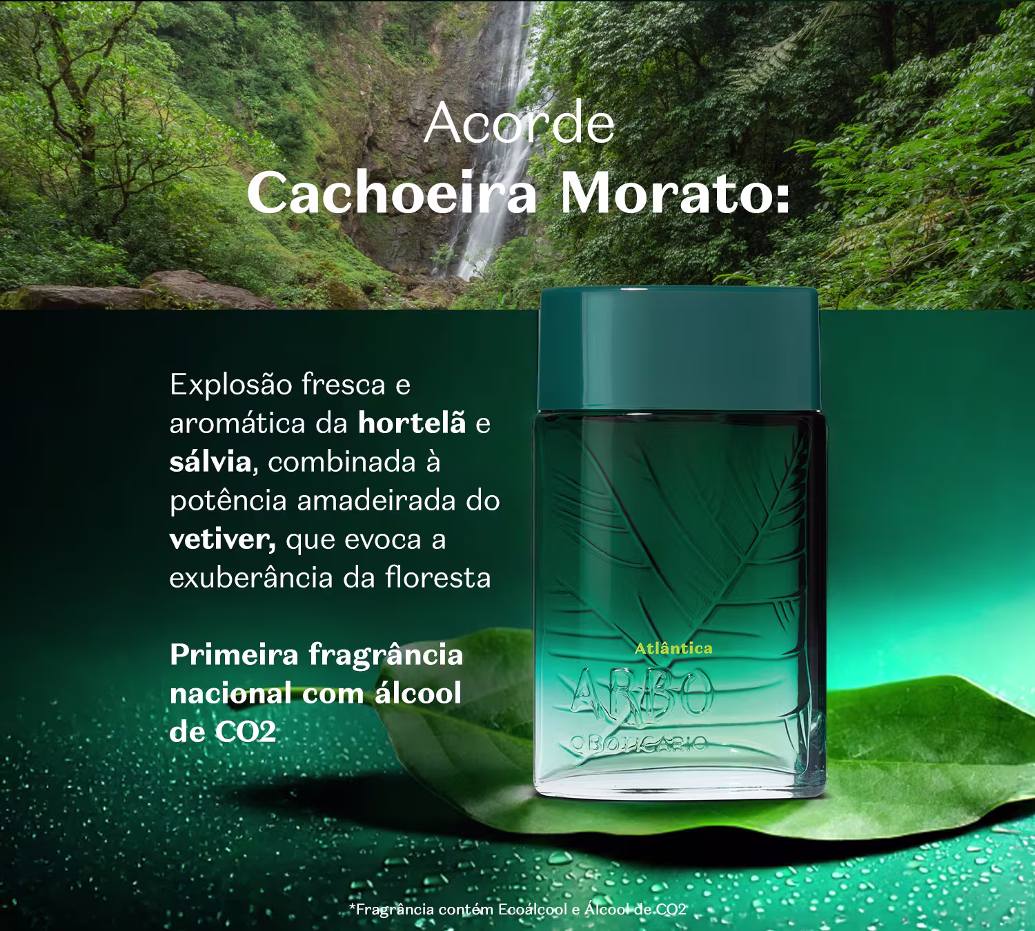 Destaca-se uma fragrância como uma "explosão fresca e aromática da hortelã e sálvia, combinada à potência amadeirada do vetiver, evocando a exuberância da floresta". O texto também menciona que se trata da "primeira fragrância nacional com álcool de CO2".