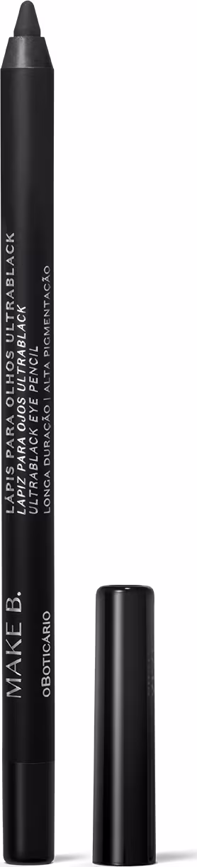 Lápis delineador de olhos preto da marca Make B. Ele tem uma embalagem cilíndrica preta com a ponta afinada para aplicação precisa. O corpo do lápis possui texto em letras brancas com o nome da marca "MAKE B." e outras informações sobre o produto.