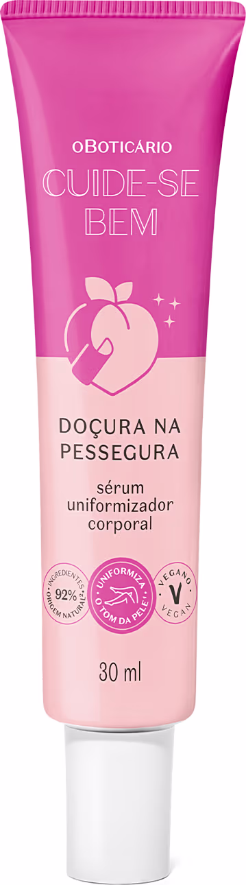 O produto apresentado é um sérum uniformizador corporal.. A embalagem é um tubo de cor rosa com o nome da linha e do produto impresso. O produto é descrito como um sérum para a pele, com a promessa de uniformizar a aparência corporal.