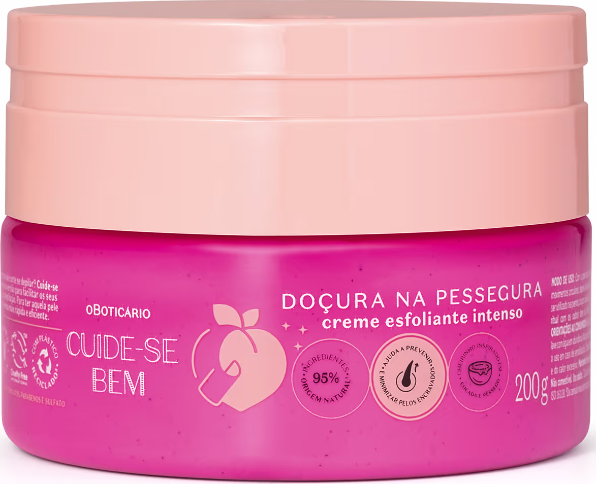 O produto apresentado é um creme esfoliante intenso da linha Cuide-se Bem da marca O Boticário. A embalagem é um pote rosa com tampa rosada, contendo 200g do produto. O rótulo destaca que o creme possui 95% de ingredientes de origem natural.