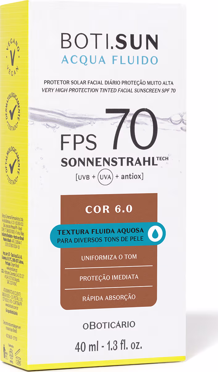 Protetor solar facial fluido da marca Boti.Sun, com FPS 70, embalagem em caixa amarela e branca, contendo informações sobre a textura fluida aquosa e proteção UVB/UVA.