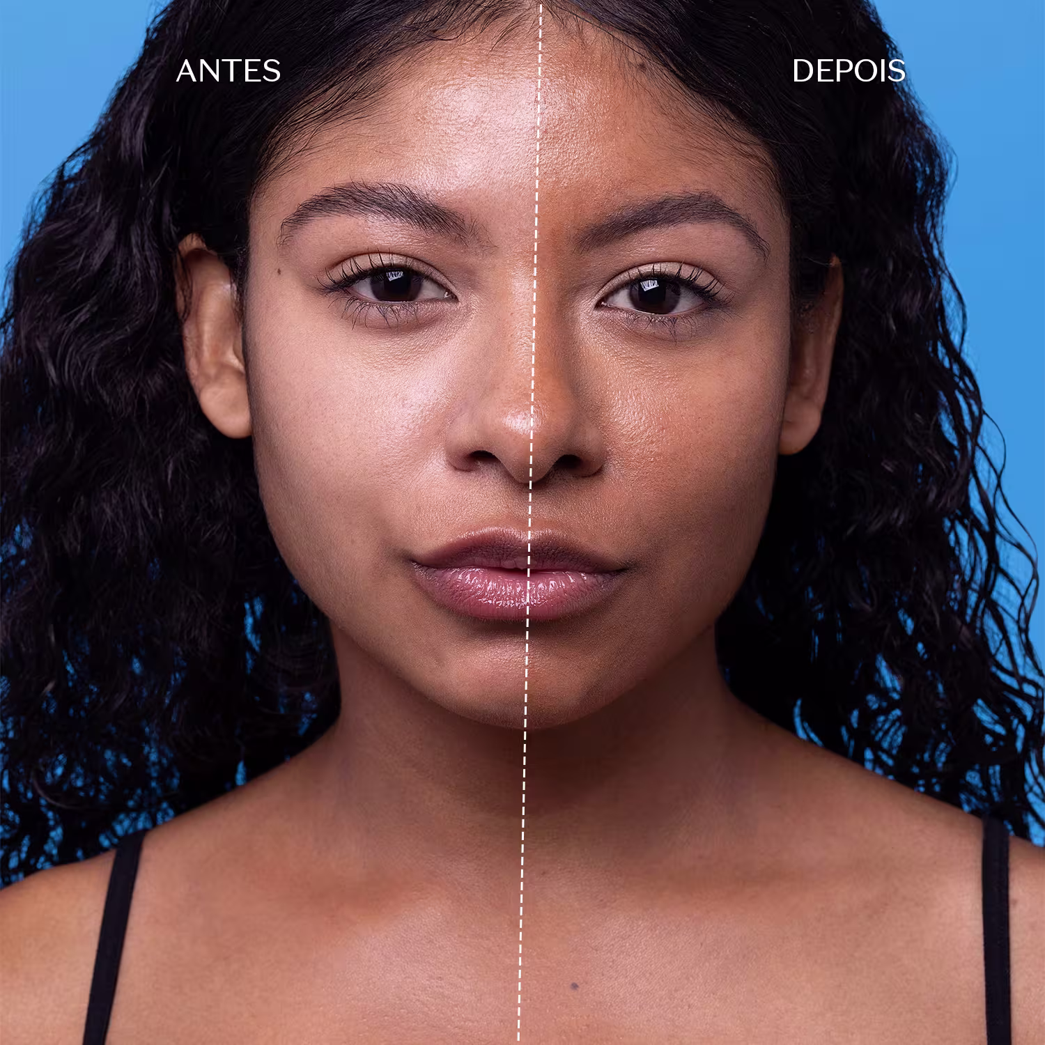 Retrato de uma mulher com cabelos escuros e pele negra em um fundo azul, sugerindo um ambiente de produto de beleza da marca Boti Sun.