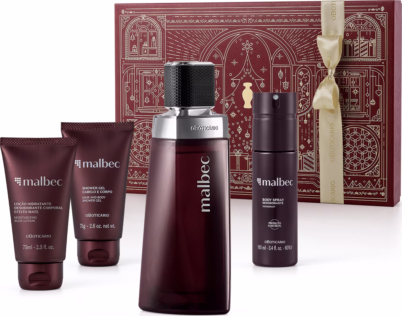 Kit Malbec. Embalagens marrons com detalhes decorativos em dourado. Inclui frasco de perfume, desodorante corporal, loção corporal, gel de banho e itens em tubos. Cores marrom escuro e detalhes em dourado, com design inspirado em padrões ornamentais.