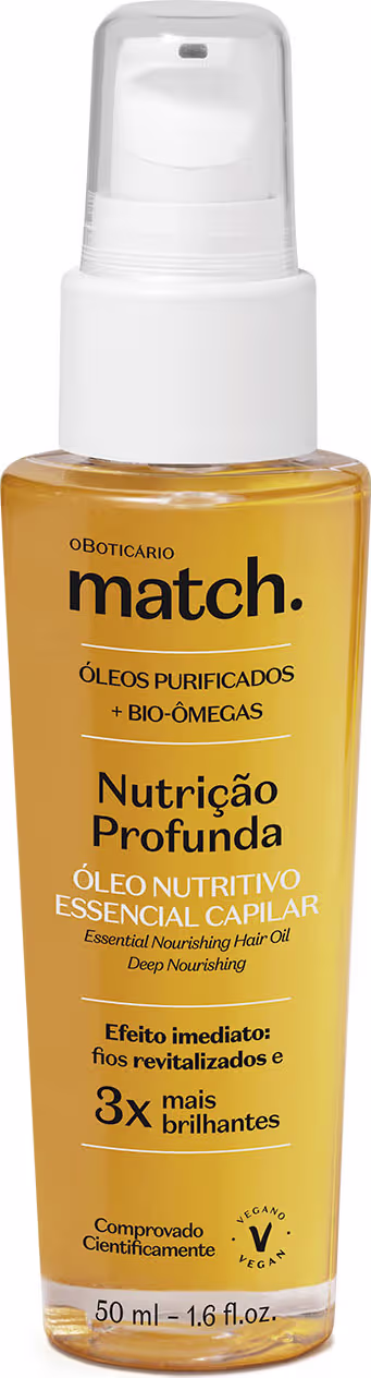 Frasco de óleo capilar da marca Match, com rótulo em amarelo e branco, contendo 50 ml do produto "Nutrição Profunda" com óleos purificados e bio-ômegas.
