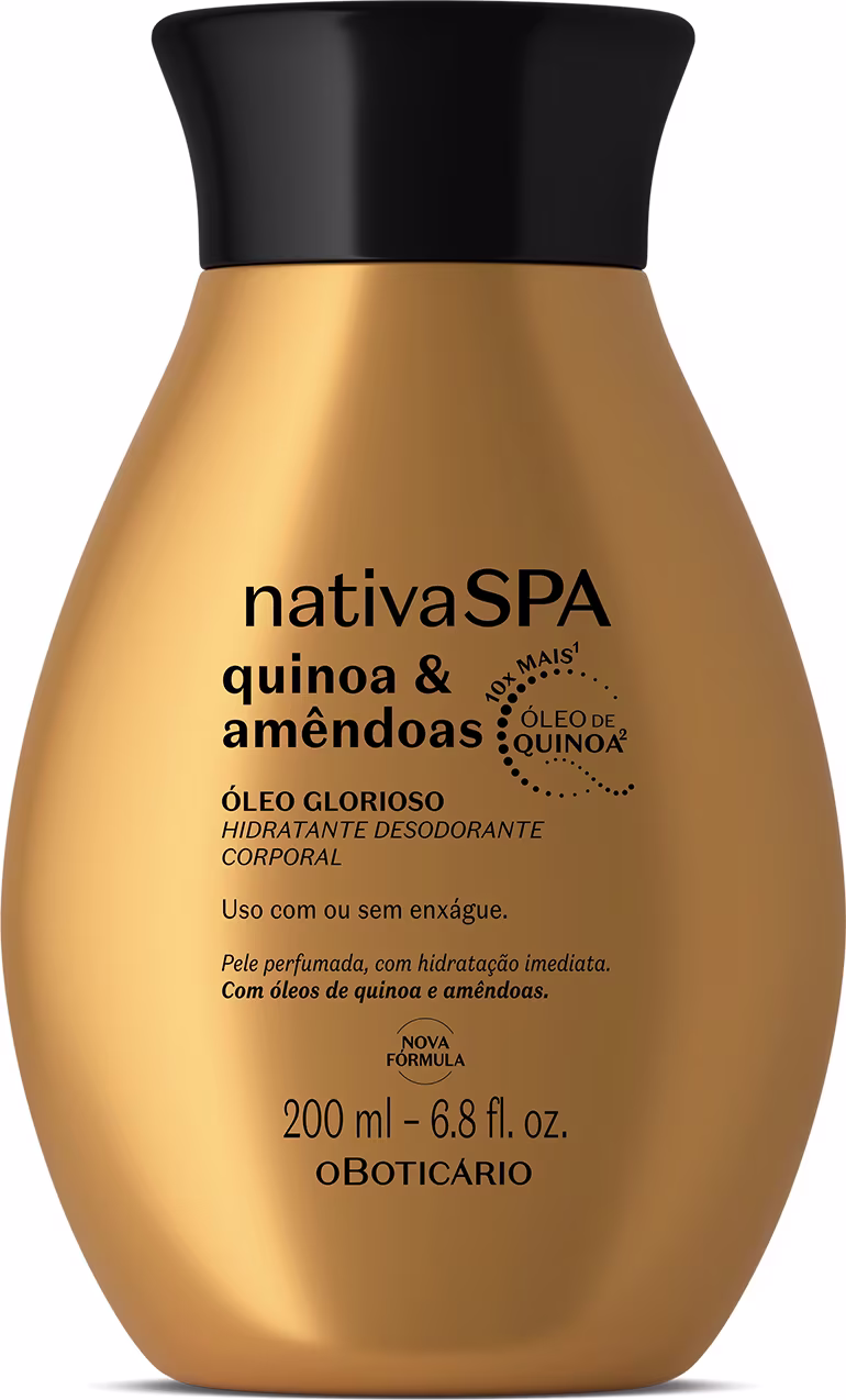 Frasco de óleo corporal hidratante desodorante da linha Nativa SPA, com fórmula à base de quinoa e amêndoas. Embalagem dourada com tampa preta, apresentando informações sobre o produto em português.