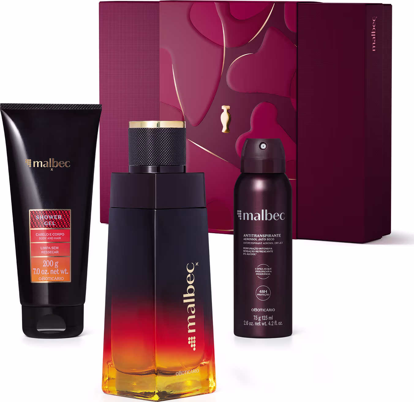 Kit de produtos Malbec, incluindo um frasco da fragrância com design moderno em tons de vermelho e laranja, um desodorante em embalagem preta e uma embalagem marrom contendo um gel de banho.