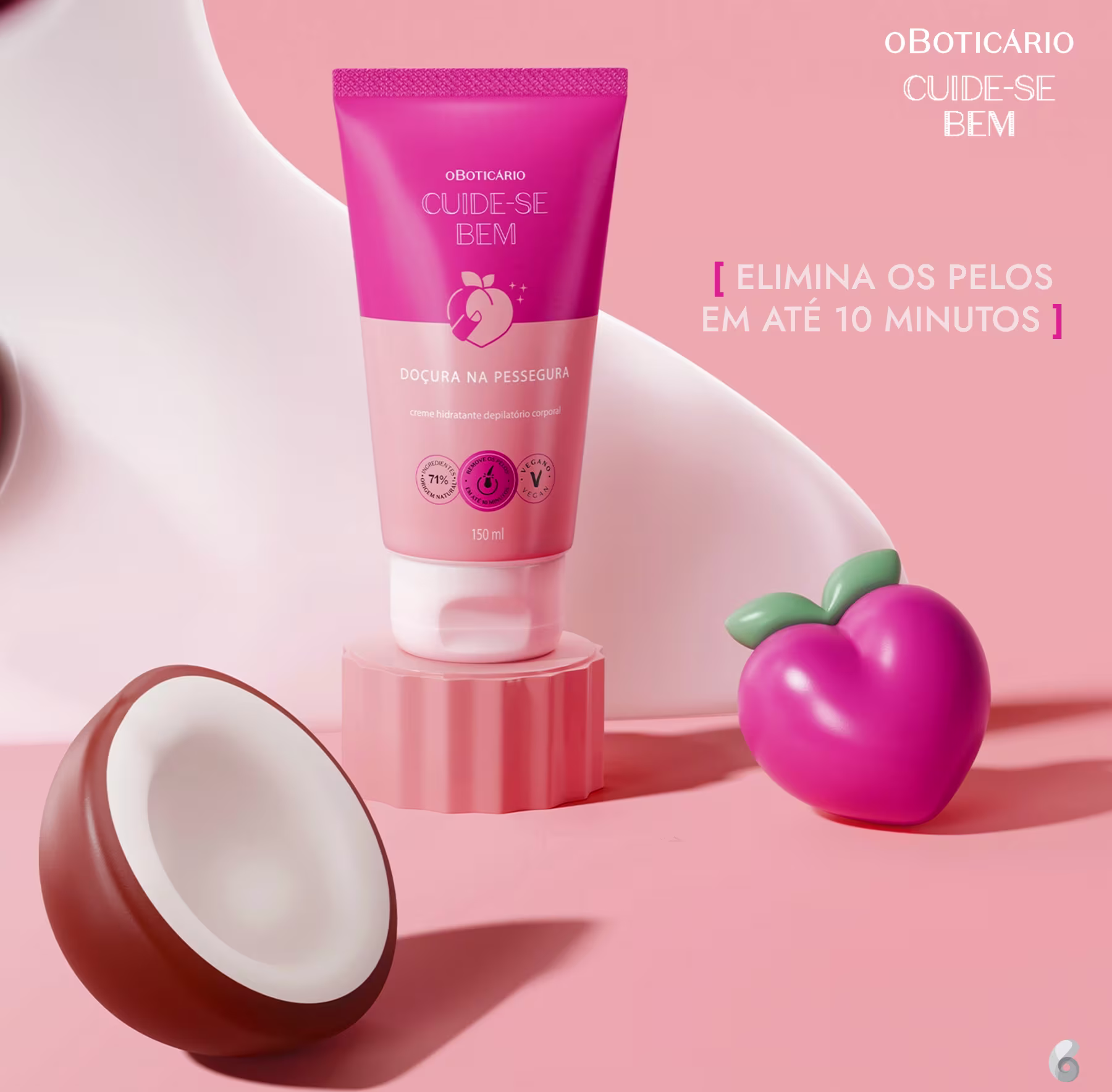 Creme Hidratante Depilatório Corporal Cuide-se Bem Doçura na Pessegura 150ml em fundo rosa. Ao lado do produto, há um pêssego e coco de plástico