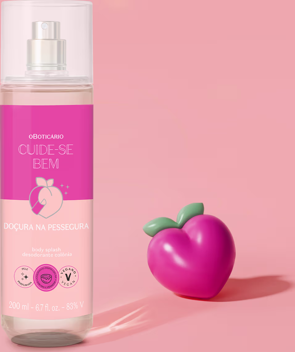 O frasco é branco com uma tampa transparente e a embalagem possuicor rosa vibrante. O rótulo exibe o nome do produto "Cuide-se bem" em letras brancas sobre o fundo rosa. Abaixo, há uma ilustração de uma fruta em forma de pêssego.