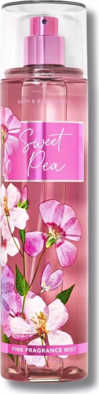 Frasco de spray de fragrância fina da Bath & Body Works, com design floral rosa e rótulo "Sweet Pea". O produto apresenta uma embalagem transparente que permite visualizar o líquido rosa no interior.