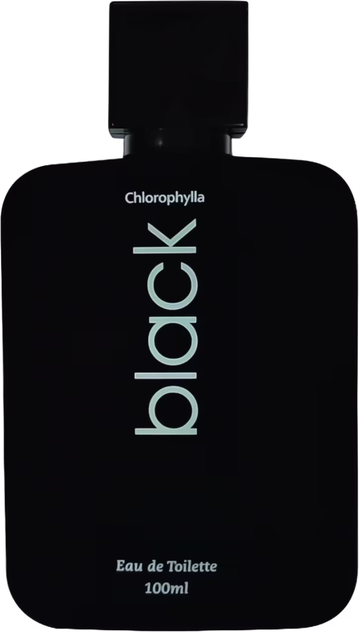 Frasco preto de Eau de Toilette da marca Chlorophylla, com 100ml de capacidade. O rótulo apresenta o nome Black em destaque, com a marca "Chlorophylla" em letras brancas sobre o fundo escuro.