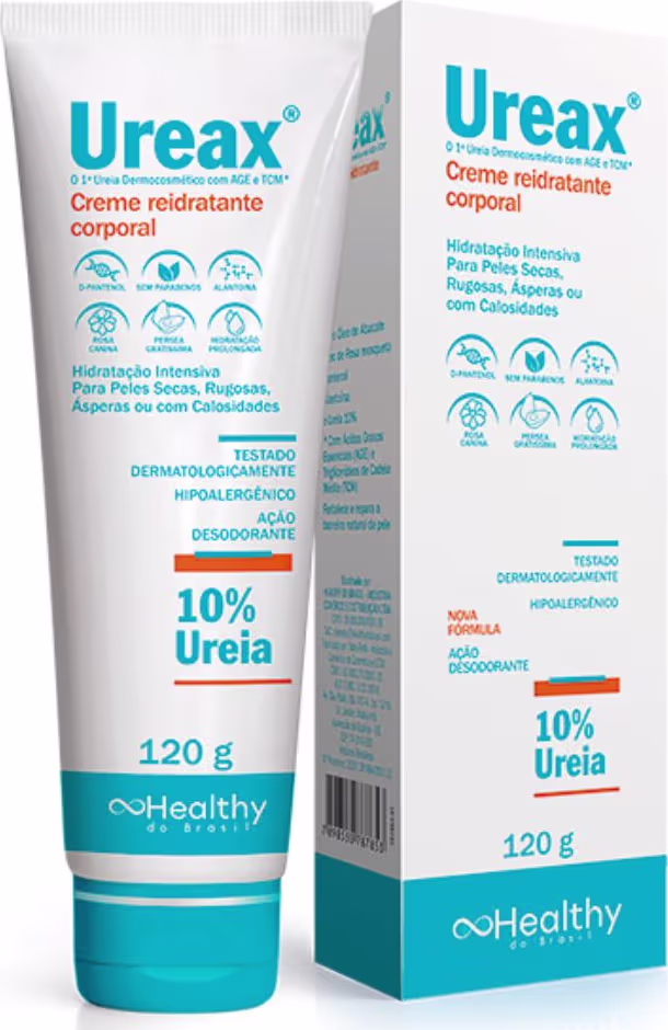 Creme hidratante corporal Ureax da marca Healthy do Brasil, em embalagem de tubo branco e azul com 120g, contendo 10% de ureia em sua fórmula, indicado para peles secas, rugosas, ásperas ou com calosidades.