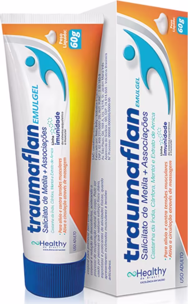 Tubo de gel dental Traumafllan Emulgel da marca Healthy, com embalagem em cores azul e laranja. O produto é destinado à saúde bucal e apresenta informações sobre sua composição e benefícios na embalagem.