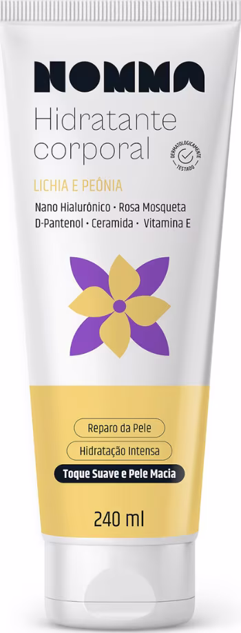 Hidratante corporal em embalagem branca com detalhes em roxo e amarelo. Contém informações sobre os ingredientes, como nano hialurônico, rosa mosqueta e vitamina E.