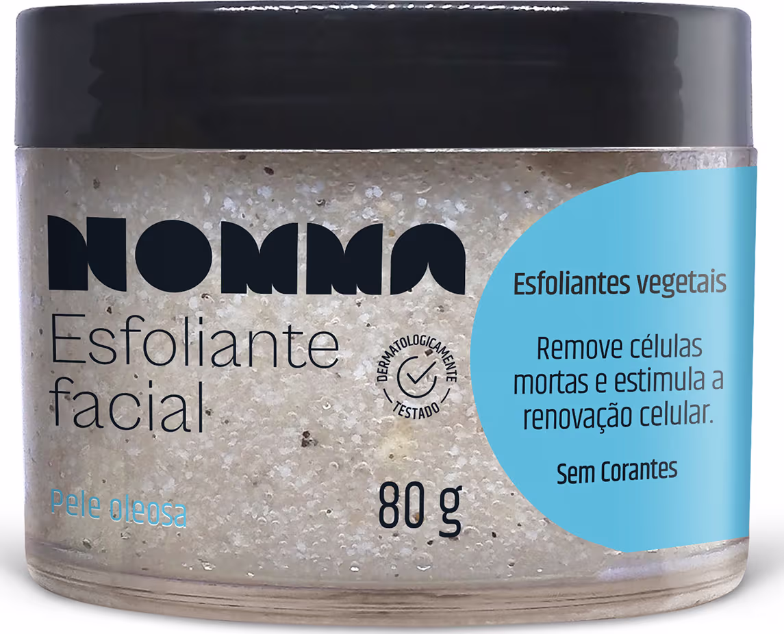 Esfoliante facial em embalagem de 80g, com textura granulada e predominância de cores branca e azul. Rótulo indica que o produto é da marca Nomma, com informações sobre sua função de remover células mortas e estimular a renovação celular.