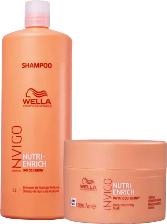 Kit com shampoo e máscara Nutri-Enrich, da marca Wella Professionals.