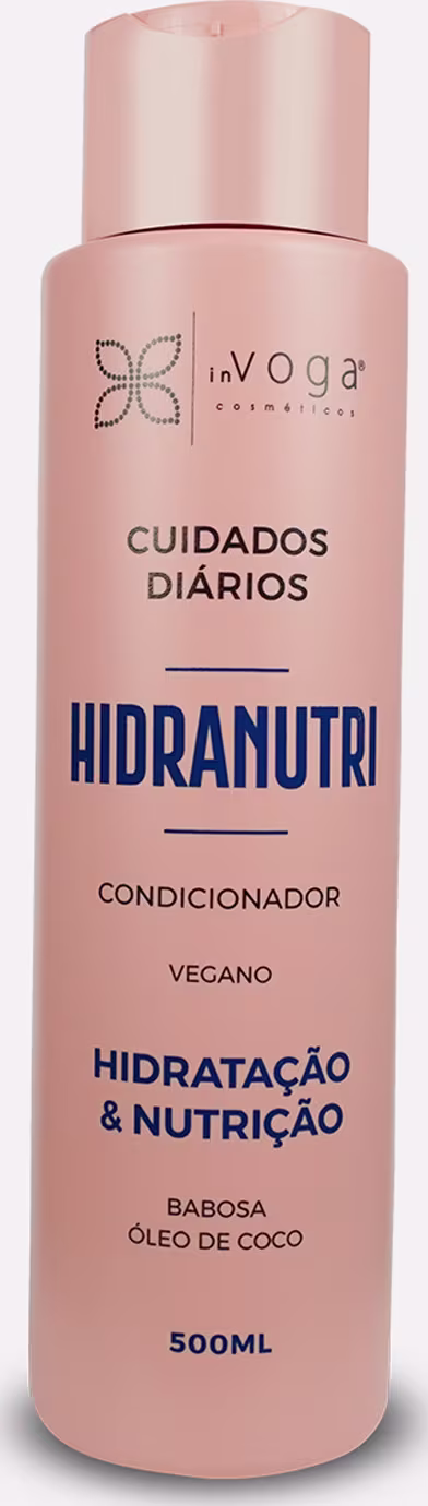 Frasco rosa de 500ml do condicionador Hidranutri da marca In Voga, com rótulo destacando os benefícios de hidratação e nutrição para os cabelos, além de mencionar que o produto é vegano.