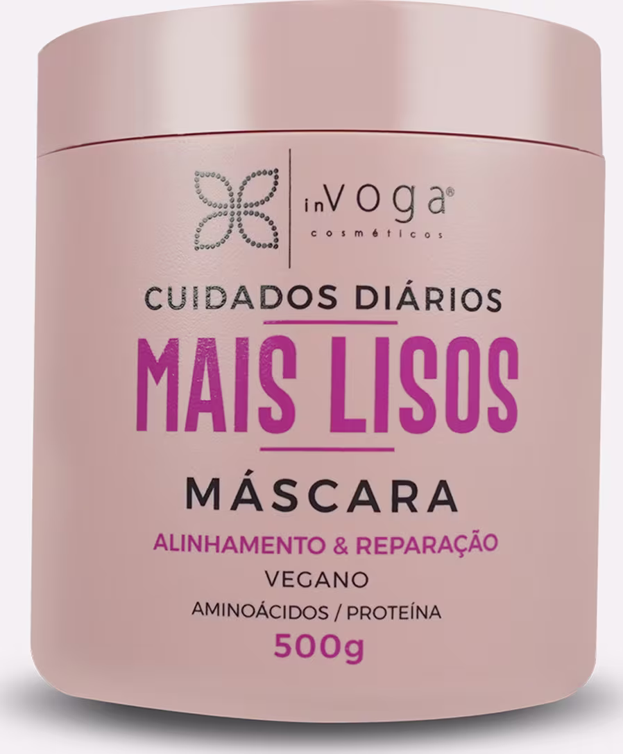 Embalagem rosa de máscara capilar In Voga, com rótulo indicando "Mais Lisos" e informações sobre ingredientes veganos e propriedades de alinhamento e reparação do cabelo. Recipiente cilíndrico com 500g de produto.