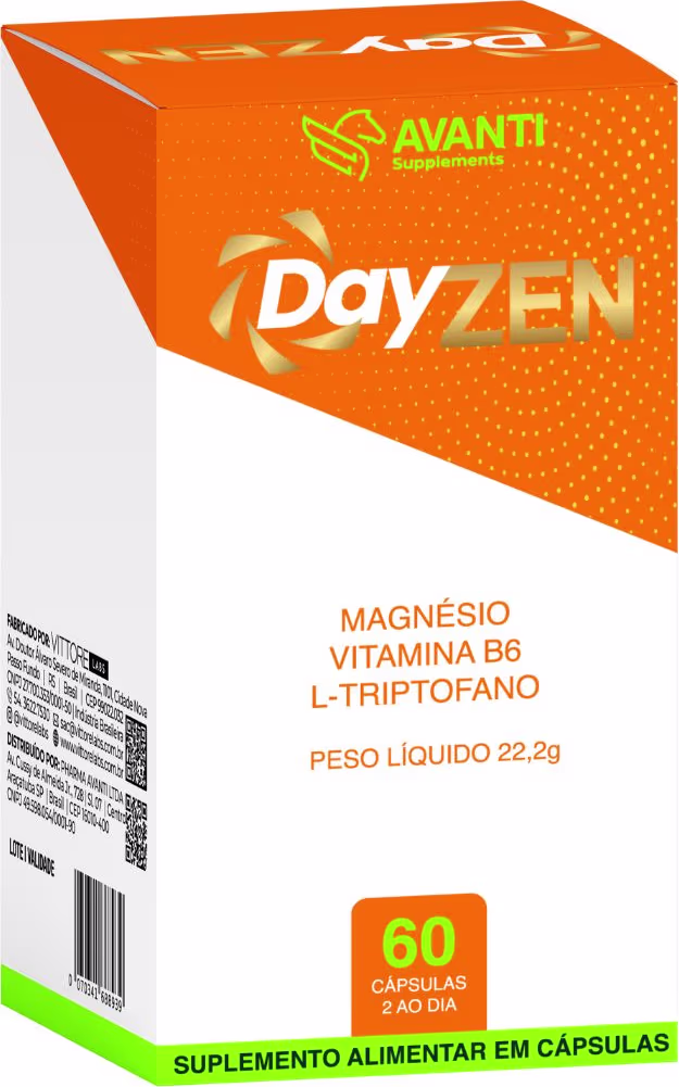 Caixa laranja da linha Dayzen da Avanti Supplements, contendo 60 cápsulas de magnésio, vitamina B6 e L-triptofano, com peso líquido de 22,2g.