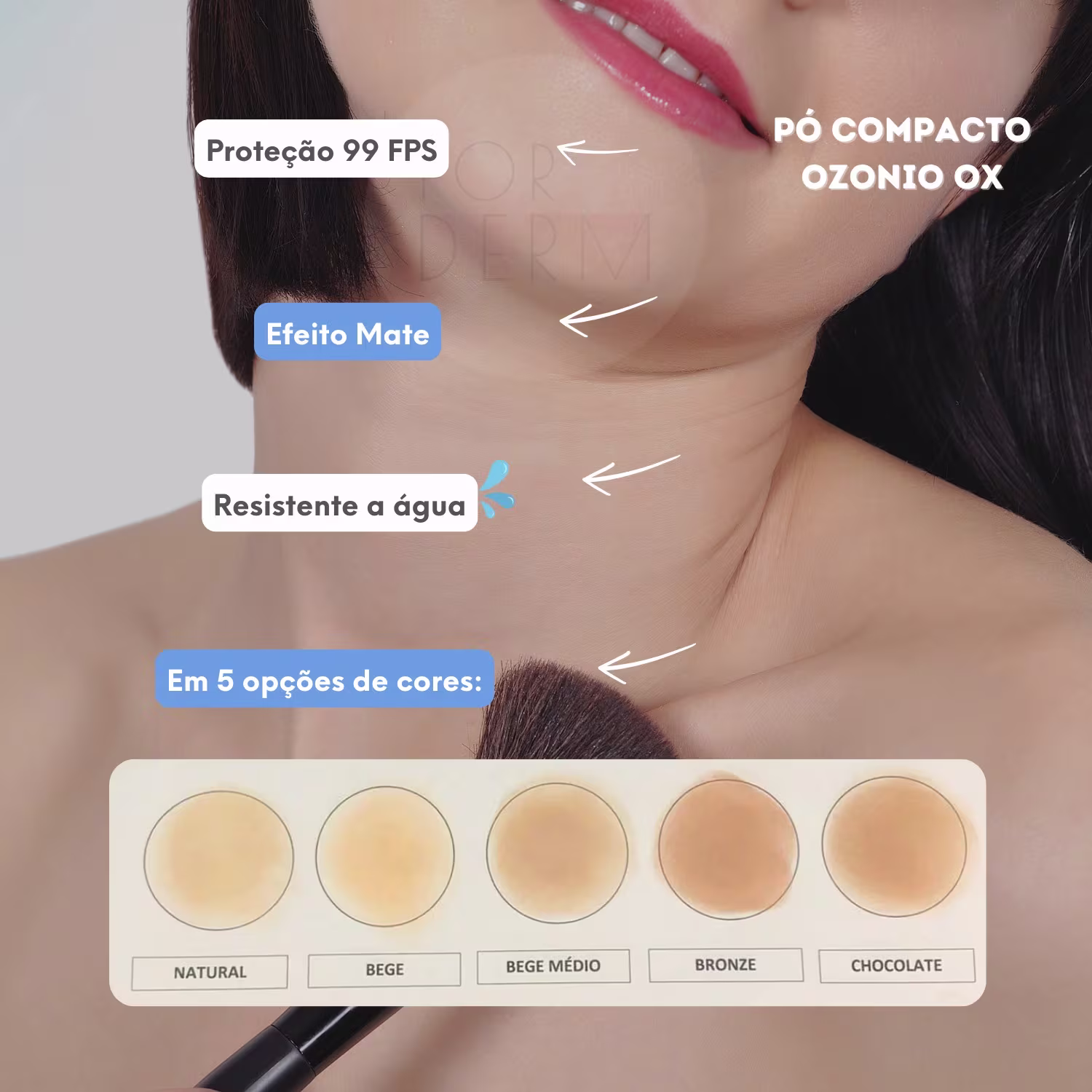 Proteção solar compacta Ozonio OX com efeito matte, resistente à água e disponível em 5 opções de cores. Embalagem compacta com informações sobre o produto.