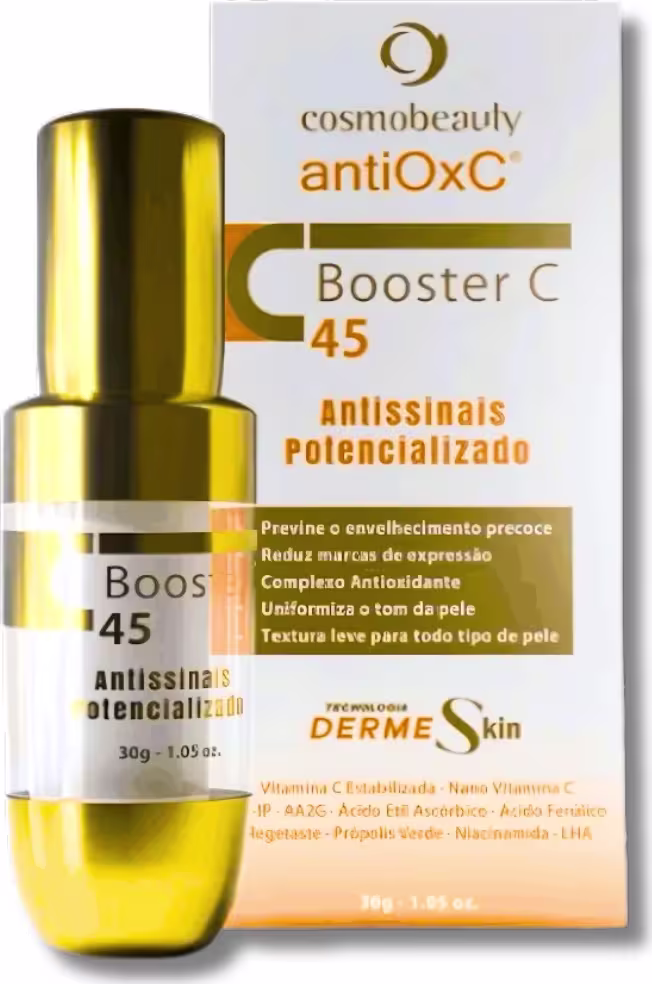 Frasco dourado de Booster C 45, um sérum antioxidante da linha Cosmobeauty AntiOxC, com caixa branca e laranja exibindo informações sobre o produto.