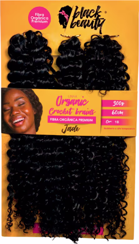 Pacote de extensões de cabelo cacheado da marca Black Beauty. O pacote contém várias mechas de cabelo cacheado e crespo, com uma cor preta brilhante.