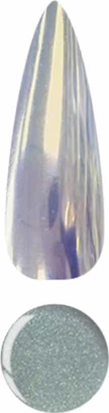 Uma unha com cor dourada holográfica e abaixo uma amostra do pó que deu a cor para unha.