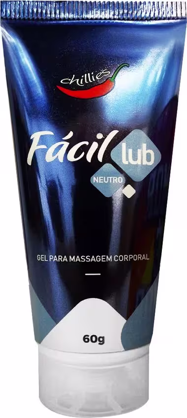 Tubo de gel para massagem corporal da marca Chillies, com embalagem azul escuro e rótulo com o nome "Facil lub neutro". O produto é apresentado em um tubo de 60g.