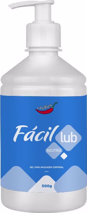 Frasco de gel para massagem corporal da marca Chillies, com rótulo azul e branco exibindo o nome "Facil lub" e a indicação "Neutro". O produto possui 500g