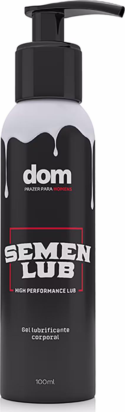 O produto apresentado é um gel lubrificante corporal da marca Dom, com o nome "Semen Lub" impresso no rótulo. A embalagem é um frasco preto com uma bomba doseadora preta. O rótulo possui um design minimalista, com o nome da marca e do produto em destaque.