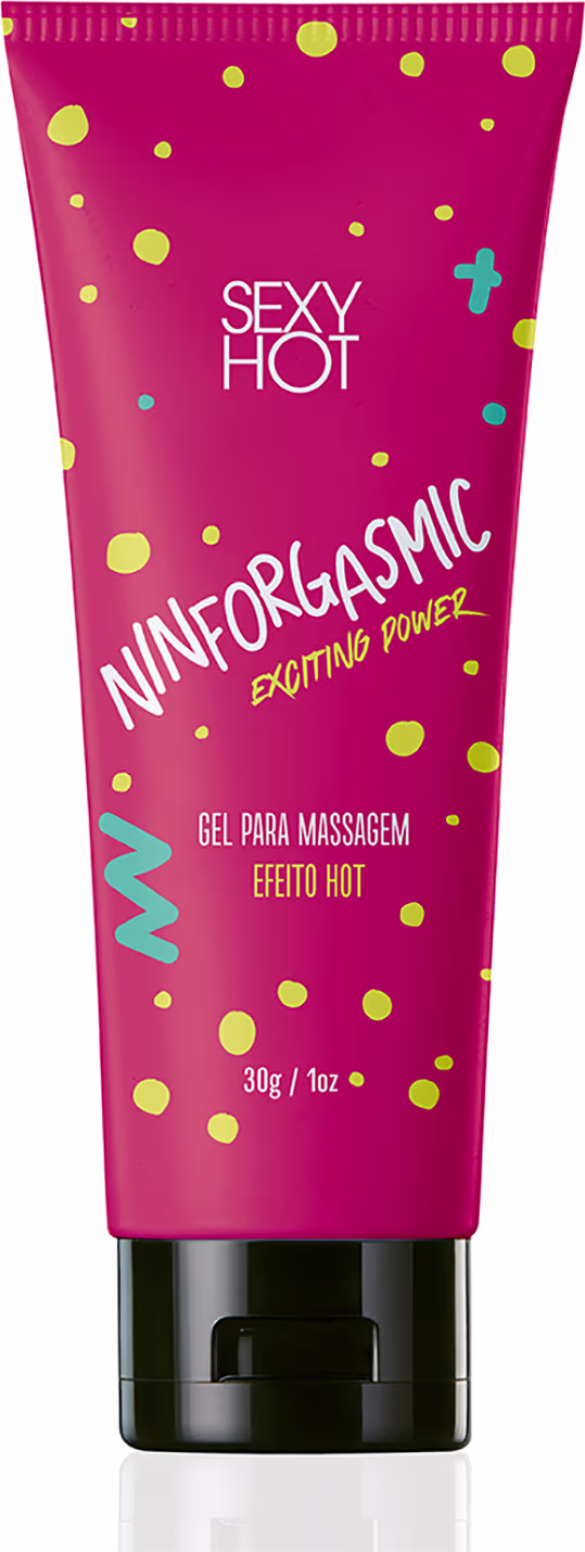 Gel para massagem da marca Sexy Hot. A embalagem é um tubo rosa com bolinhas amarelas e azuis espalhadas por toda a superfície. O texto "Exciting Power" também é exibido, indicando que este é um produto com efeito estimulante. Contém 30g.