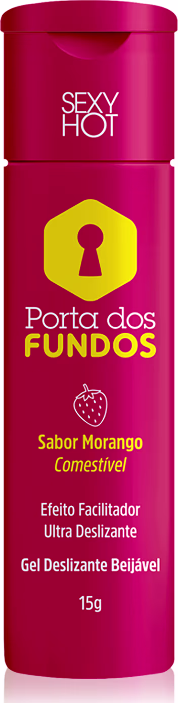 Gel deslizante com sabor de morango, da marca Porta dos Fundos, com a indicação "Sexy Hot" na embalagem. O texto na embalagem descreve o produto como um "Efeito Facilitador Ultra Deslizante" e "Gel Deslizante Beijável".