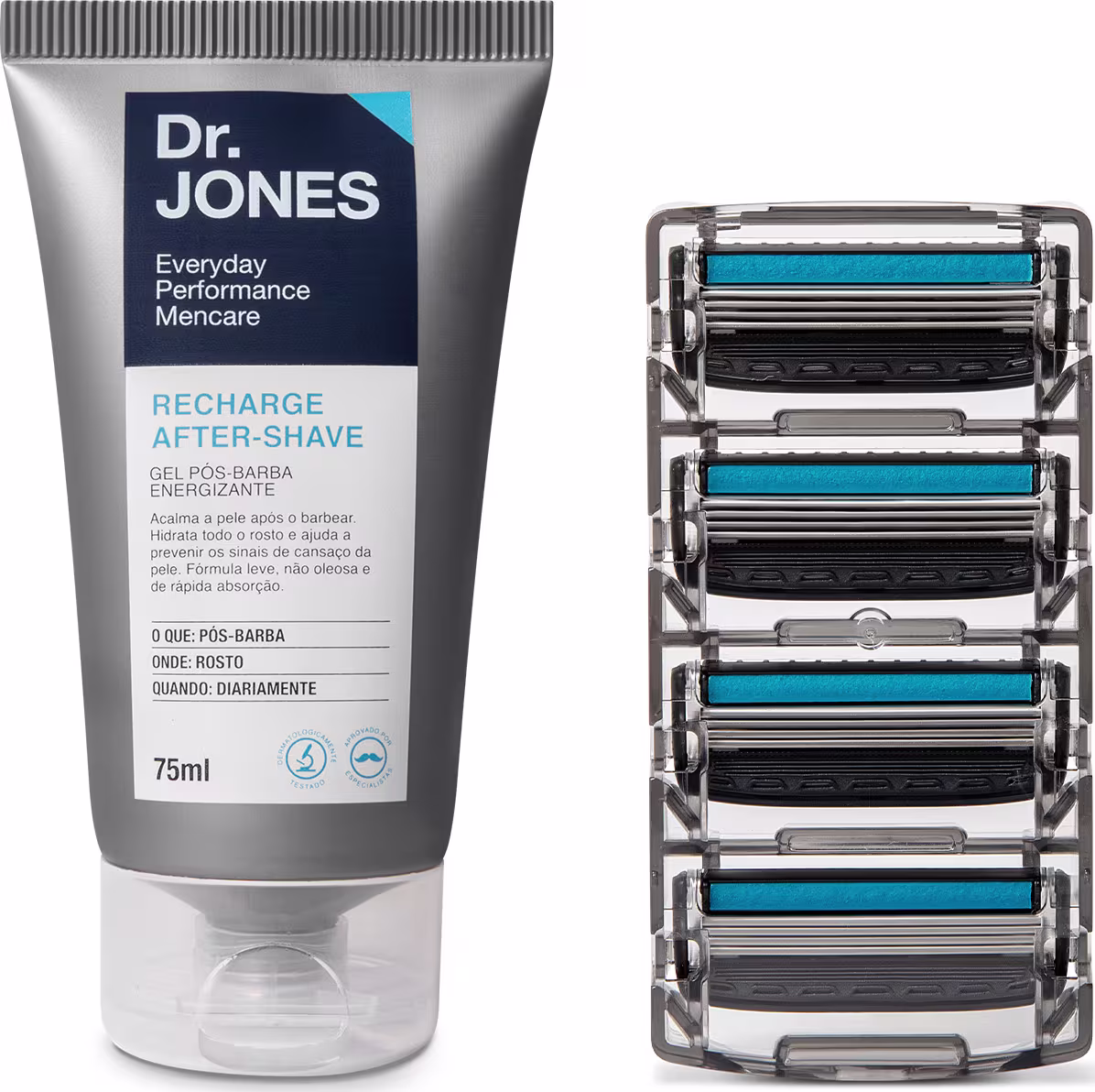 A imagem mostra produtos para barbear da marca Dr. Jones. Inclui um gel pós-barba de 75ml e quatro cartuchos de lâminas de barbear.