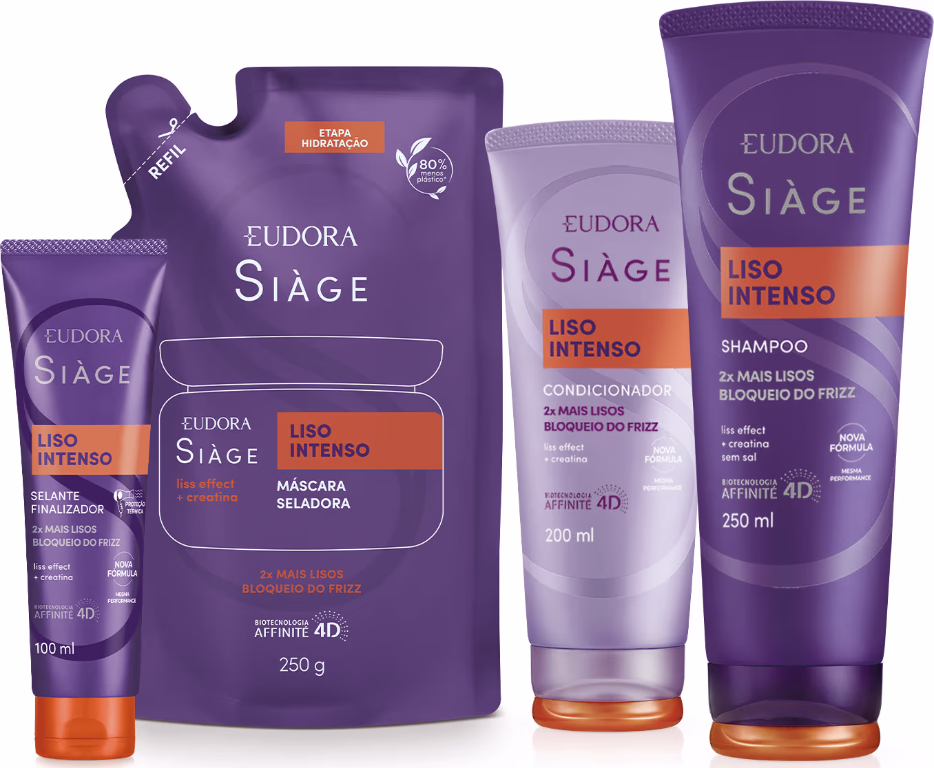 A imagem mostra um kit com quatro produtos, uma bisnaga pequena de leave-in, um refil de máscara capilar, uma bisnaga de condicionador e outra de shampoo. Todos com embalagem roxa, letras brancas, roxas e laranjas.