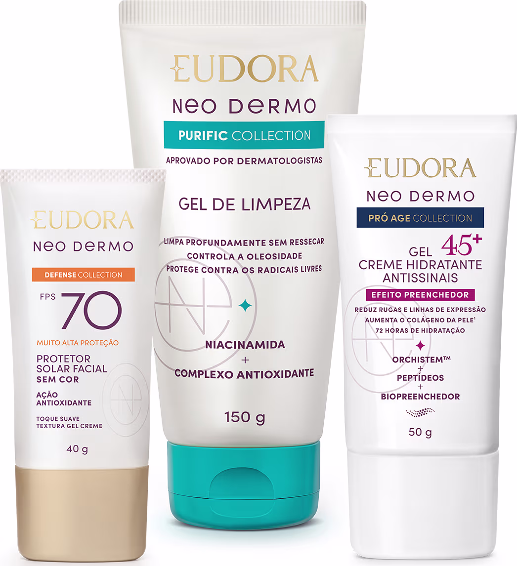 Produtos da linha Neo Dermo da Eudora: protetor solar facial FPS 70, gel de limpeza purificante e creme hidratante antissinais 45+, em embalagens brancas e azuis com detalhes dourados.