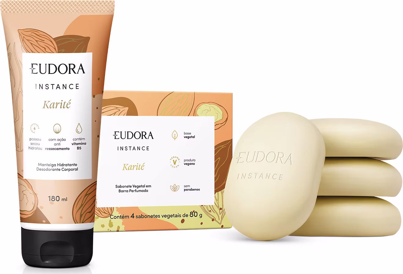 Kit com hidratante e sabonetes da linha Instance Karité da marca Eudora.