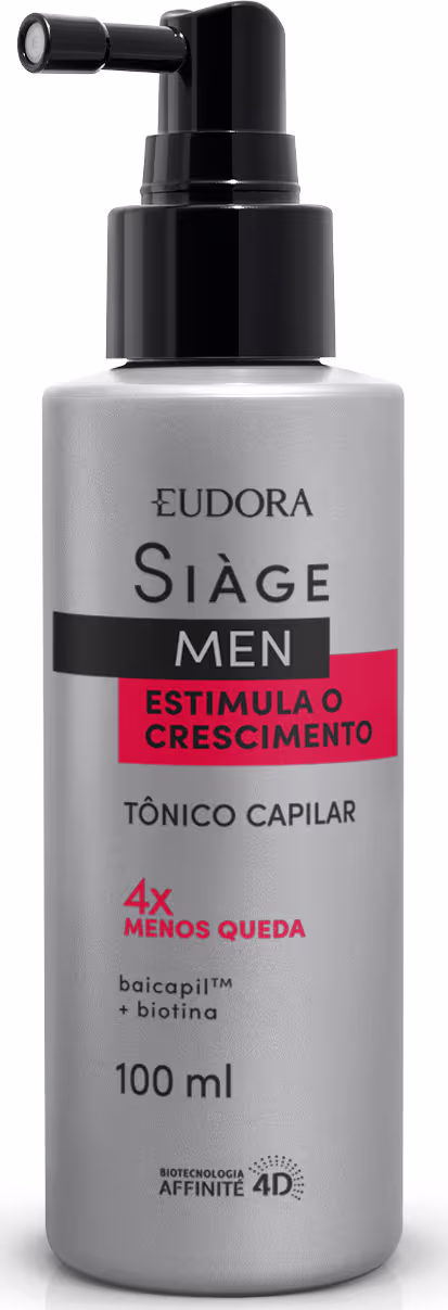 Frasco de tônico capilar Siàge Men, com 100 ml, em embalagem cinza e preta, com rótulo indicando que o produto estimula o crescimento capilar e contém baicapil e biotina.