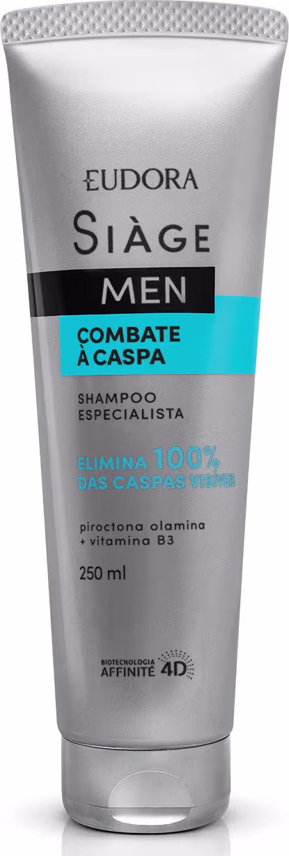 Frasco de shampoo Siàge Men Combate a Caspa, com 250 ml, em embalagem prateada e azul, destacando o texto "Combate a Caspa" e "Shampoo Especialista".